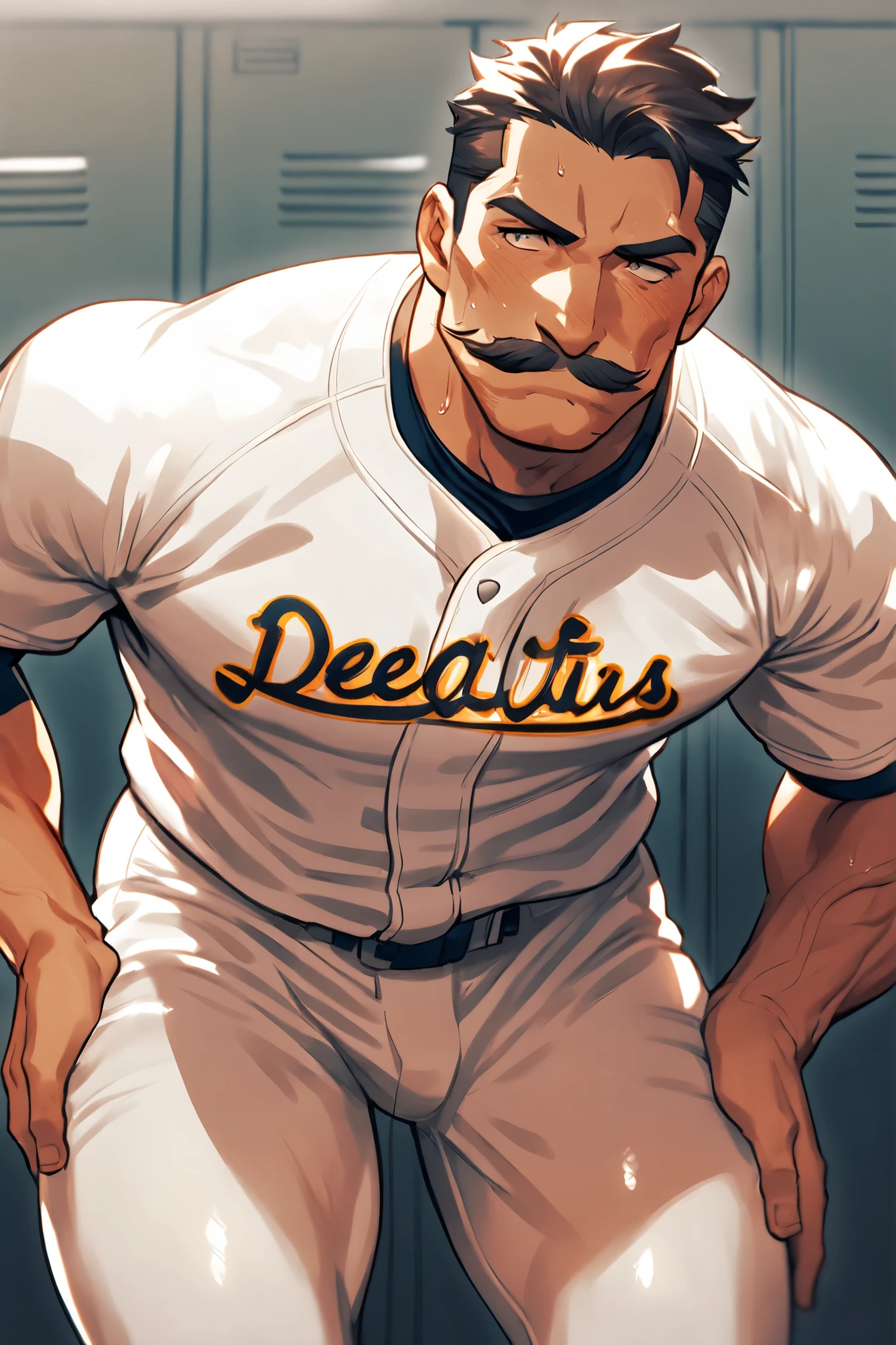 A middle-aged man, Detailed face, Captivating look, moustache, Masculine face, Muscular body, Prominent veins, wearing baseball uniform, Bending over with his butt facing me, baseball club coach,locker room, sweaty body, alone, only a man, Captivating bottom, Looking towards me