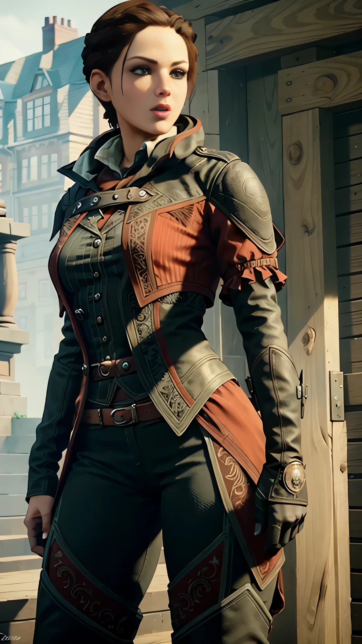 Evie Frye, ACEvie, 1girl, short hair, brown hair, green eyes, pants, tight pants, thigh boots, (intricate details), perfect eyes, perfect face, perfect lighting, beautiful, (masterpiece:1.2), (best quality:1.2)