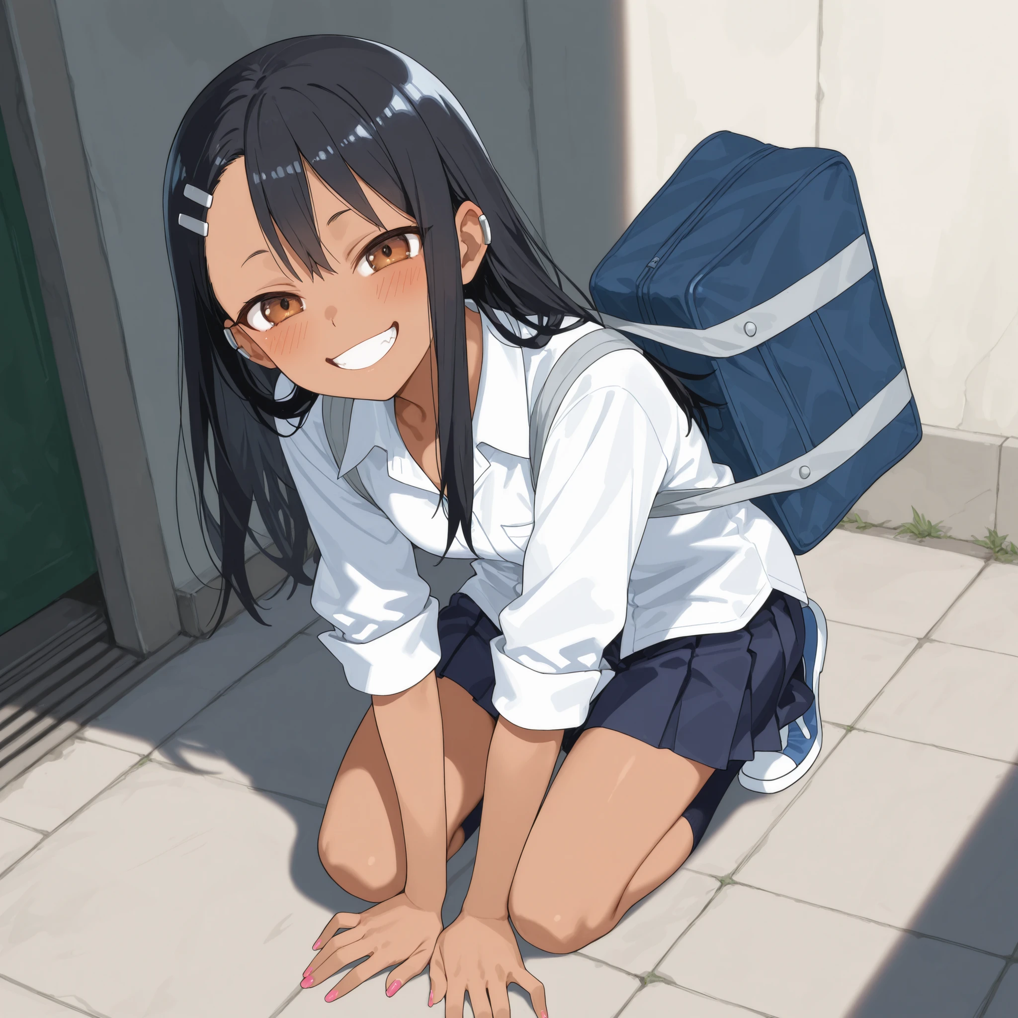 hayase nagatoro,1girl, solo, smile, black hair, grin, long hair, brown eyes, dark-skinned female, hair ornament, dark skin, shirt, blush, hairclip, looking at viewer, , white shirt, collarbon, bag, school uniform, nail polish, earclip, collared shirt, full body, on kneel