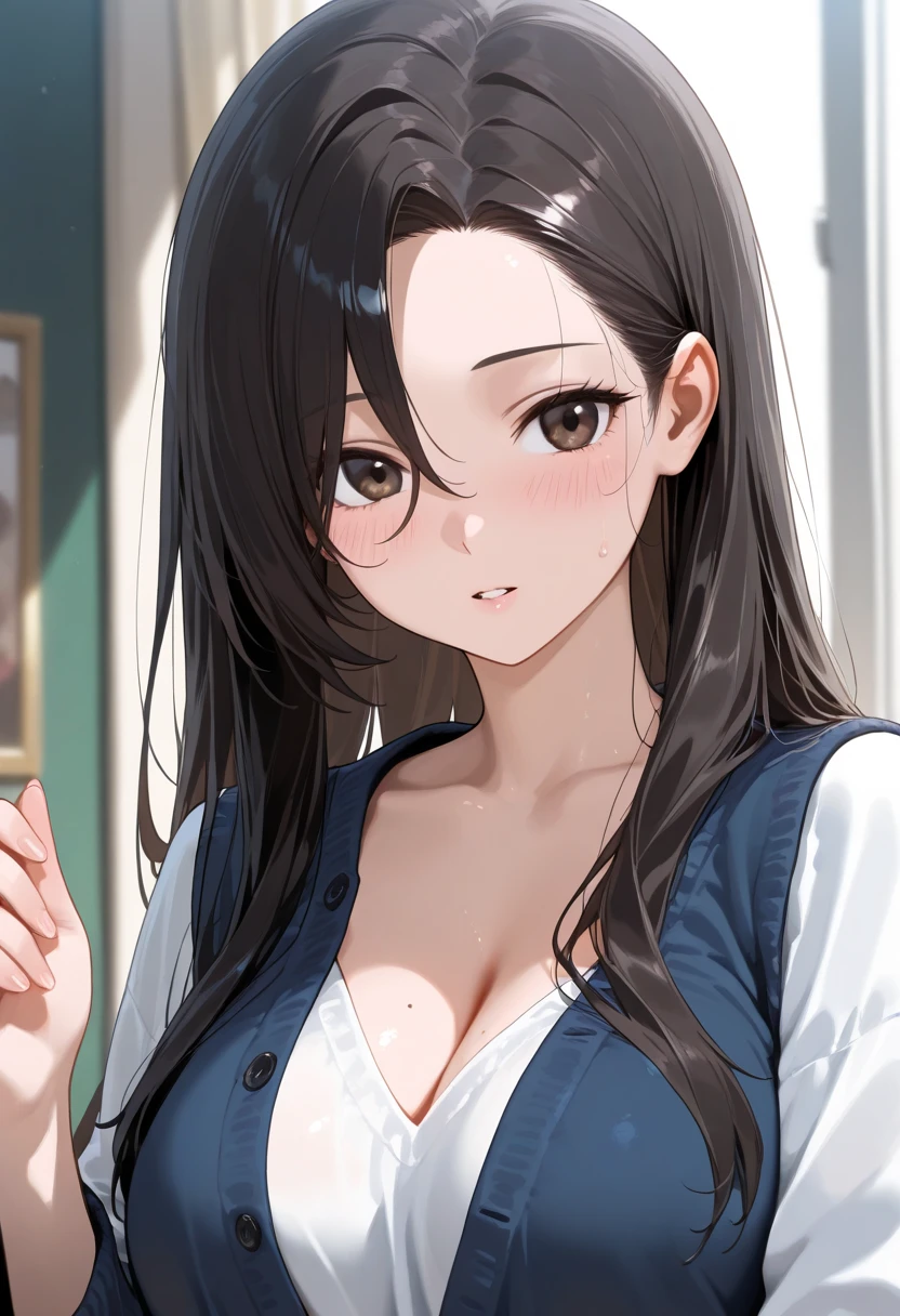 Cute mommy, mature women, realistic skin,perfect ,black hair, long hair, (hair over one eye:1.4), messy hair, hair between eyes, Sexy pajama, chubby,plump,fat,dense pubic hair, extreme pubic hair, Sexy lips, pucker lips,cute shy blush on