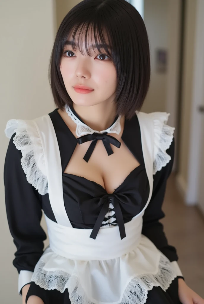 Cute 20 year old Japan woman、Beautiful Skin、Beautiful Hair、Short Hair Length、Bob Hair、Brown Hair Color、Beautiful Eyes、Brown Eye Color、Embarrassed look、place：Love Hotel、Lace-up corset maid outfit、The naughtiest pose