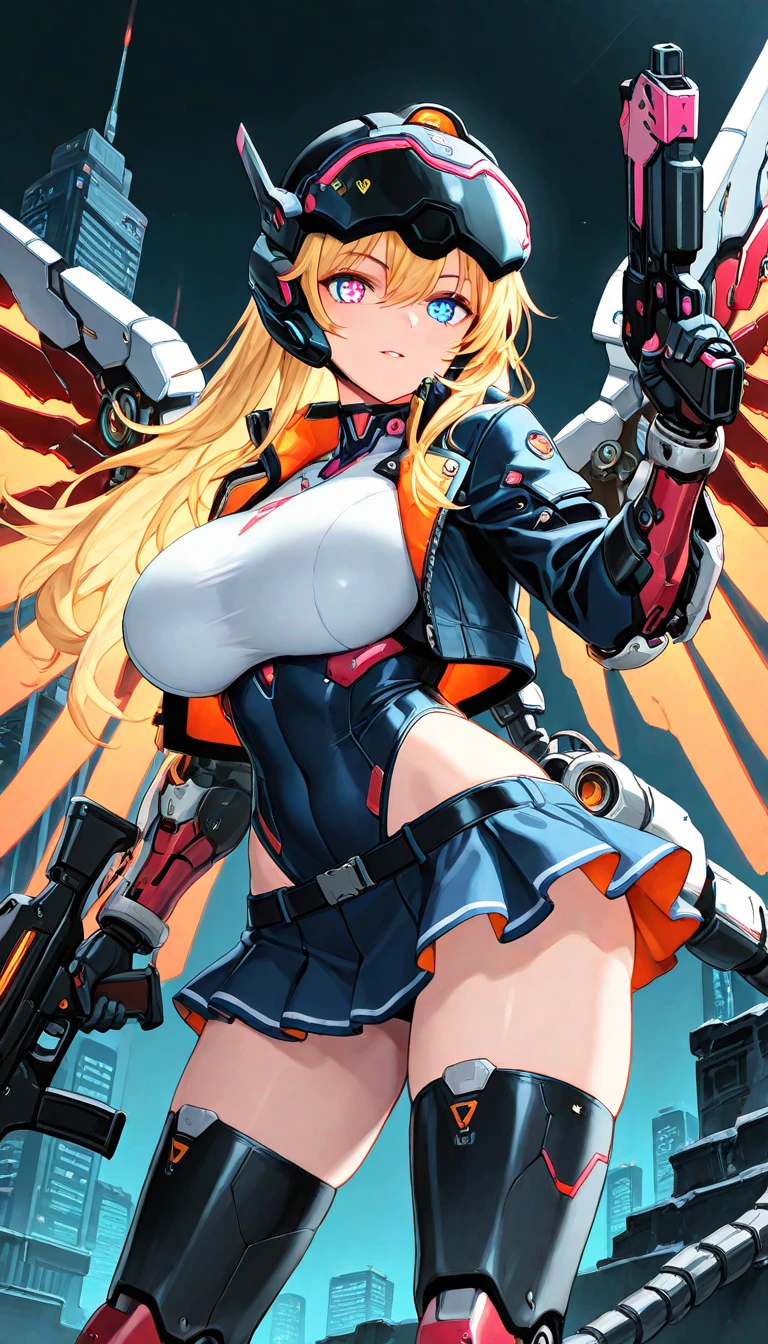 masterpiece, best quality, high resolution, Beichuan Navy, 1 Girl, Blonde hair, Long hair, Colorful hair, Red Eyes, Jewelry, earrings, punching, , White shirt, Tie-Dye Shirt, Black necklace, Blue tie, Plaid skirt, Grin, Smile, permanent, Cowboy shooting, outdoor,huge , Crazy breast swelling, Chest larger than shoulder blades, Big breasts and thin waist,(huge breasts:1.2),Hydrated skin((rogue))((非常huge乳房)),((Grooves reveal original skin))