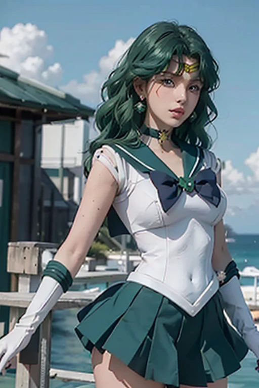 close-up, 1girl, sailor neptune, (sailor senshi uniform:1.2), (aqua eyes:0.9), dark green hair, medium hair, plead skirt, best quality, earrings, masterpiece, high resolution, intricate details, (( realistic )), photographic, (white elbow gloves:1.1), jewelry, Medium breast, full body, Dynamic background, dynamic posture, high heels,
