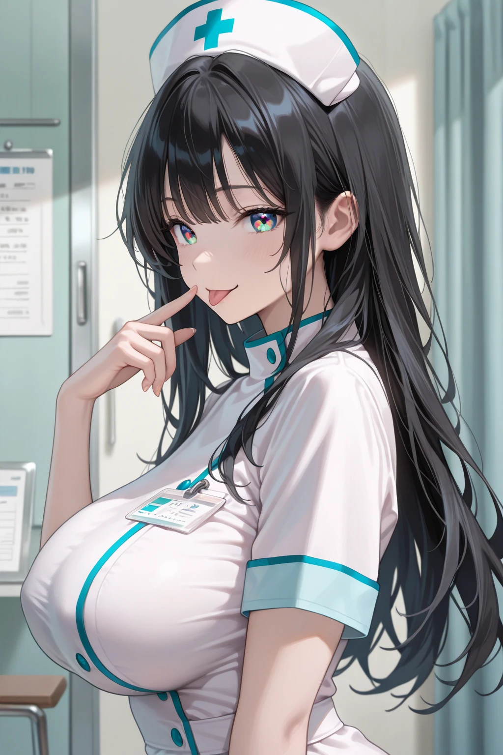 (8K、Highest image quality、highest quality、masterpiece)、detailed face、1 girl、black hair、long hair、gray eyes、evil smile、((grin))、big breasts、((black bra))、((lab coat))、((black pantyhose))、cowboy shot、hospital room background