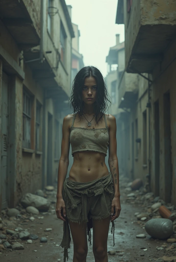 From the previous image, make me an image of some people walking in the street with black bandages on their eyes and covering their ears., and a woman kneeling in the street very sad, with dirty hair, without shoes