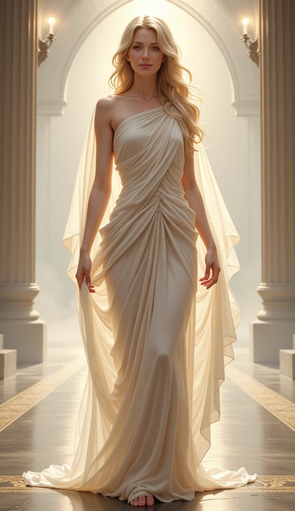 Beautiful blonde girl with robust body with big breasts dressed in Roman toga standing in a dark and vast room 
