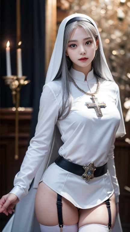 best quality,masterpiece,highres,extremely detailed cg unity 8k wallpaper,church,1girl,solo,standing,cowboy shot,praying,own hands together,<lora:GoodHands-beta2:1>,<lora:lemon0034-Latex Nun White_v1:0.9>,lemon0034,white bodysuit,cross necklace,gloves,nun,buttons,