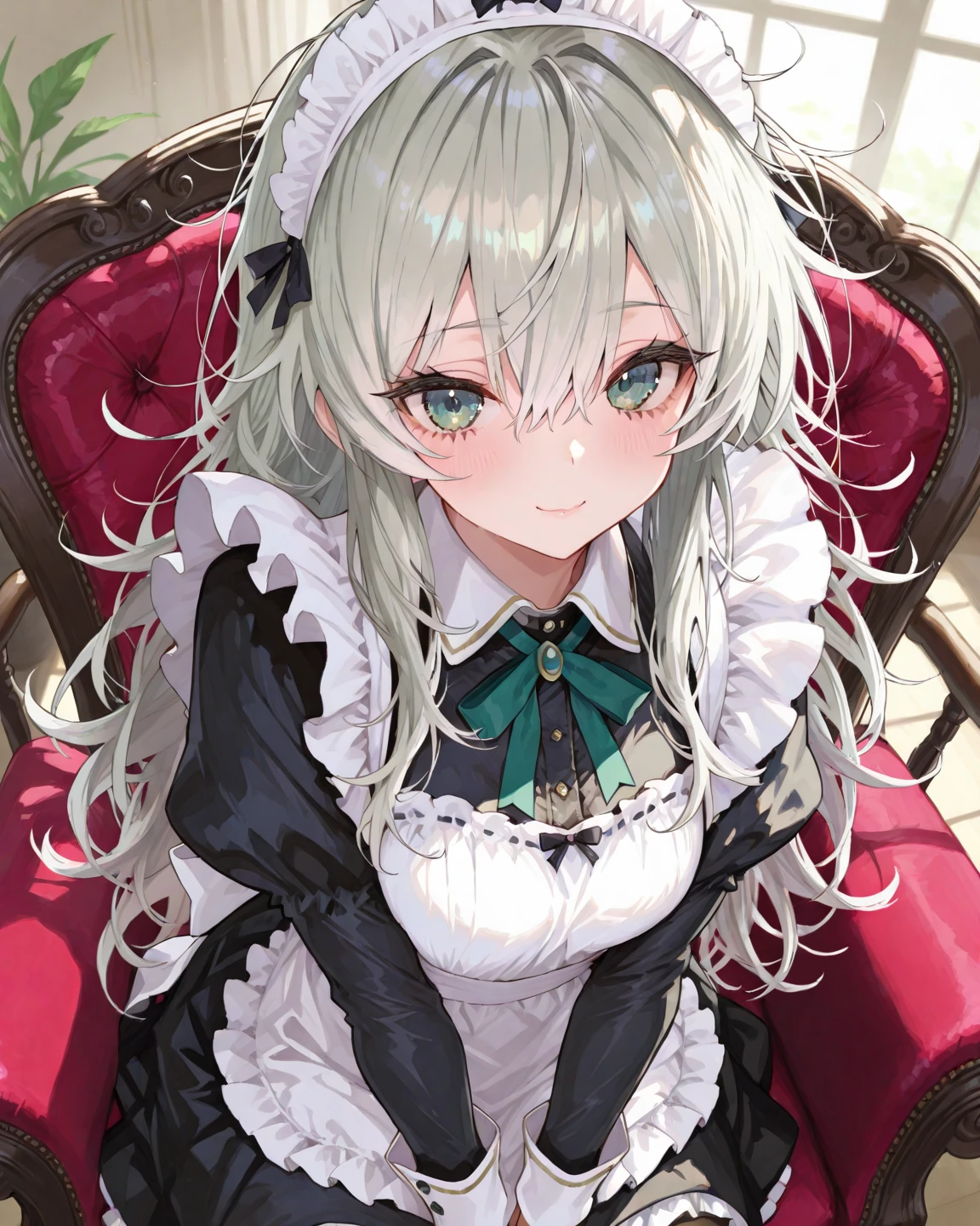 masterpiece,top quality,Super Detailed,8k, cute、Lashes、long gray hair、messy hair 、green eyes、Maid Outfit、sit on a chair、having a smartphone