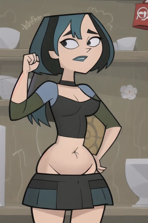 (8k, RAW photo, best quality, masterpiece:1.2), (intricate details), perfect eyes, perfect face, perfect lighting, beautiful, (masterpiece:1.2), (best quality:1.2), 1girl, cartoon style, gwentdi, solo, black eyes, face portrait, look at the viewer, potbelly, pudgy, fat belly