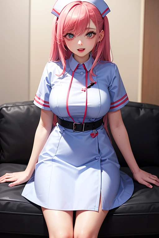 Big Breasts、Lace-up boots、Thin eyebrows、Beautiful eyes、whole body、squat、blush、high resolution、Lying down、Beautiful woman、 high quality ,4K ,Scanline illumination, Volumetric Light、8K Ultra HD, Soft lighting, high quality, Film Gray、Spread your legs、Pink Hair、long hair、Black nurse uniform、Knee-high stockings、bed、Lie down、Sexy pose