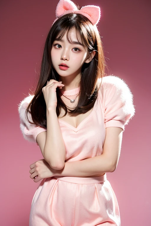best quality, IU, 1girl, solo, looking at viewer , black hair,  upper body, closed mouth , pink shirt ,    blurry background,  <lora:IU_v4_1-000007:0.6>