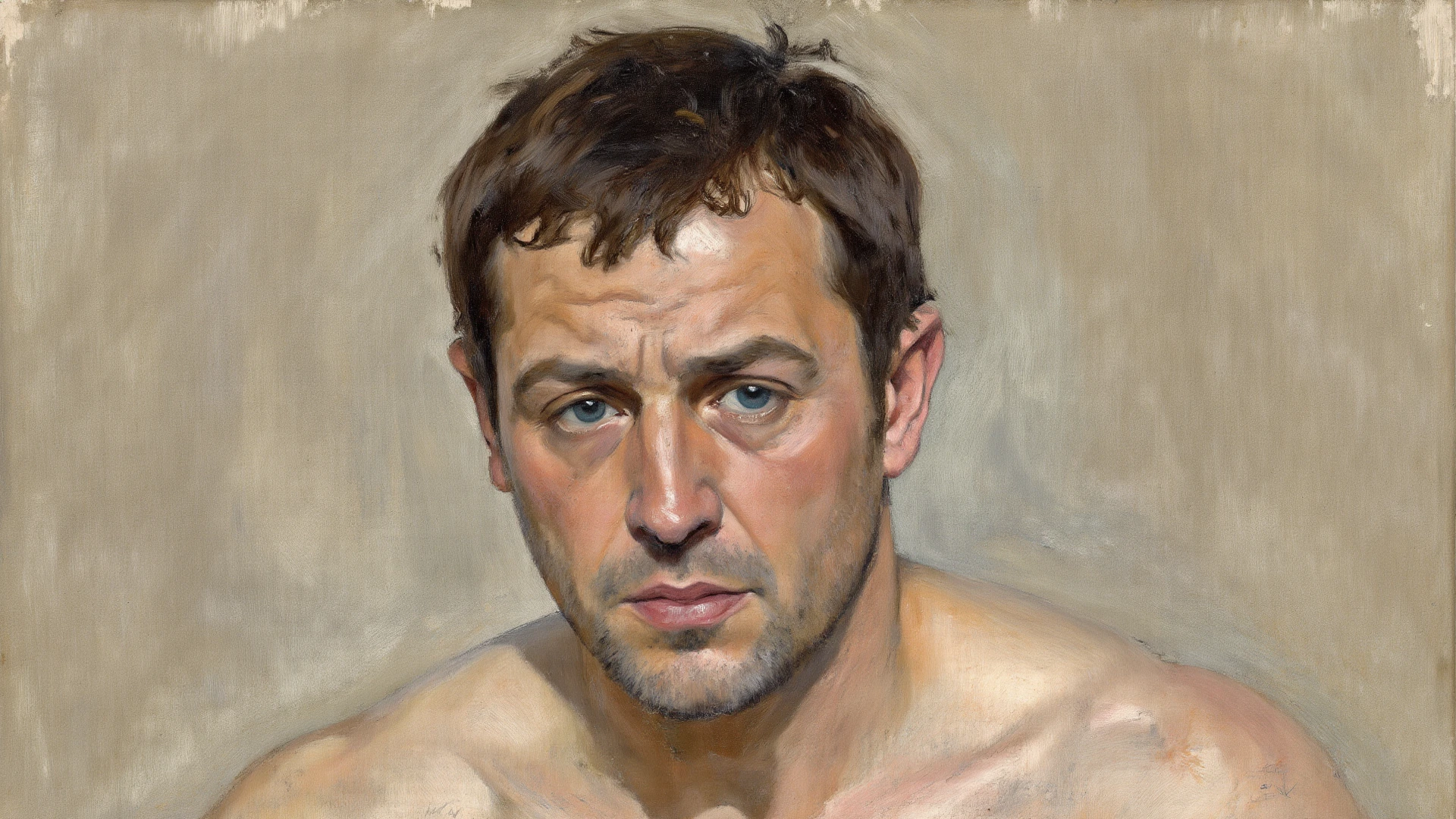 (bichu, oil painting, Impressionism) of (one male), (looking at viewer), (head shot:1.7) (portrait:1.7),
Very detailed manly face, heroic, detailed realistic open teal eyes, (muscular:1.5), (big muscles), (massive pecs), narrow waist and hips, (chocolate brown hair), (slight smile), (shirtless) (topless male). highly detailed, high quality, masterpiece