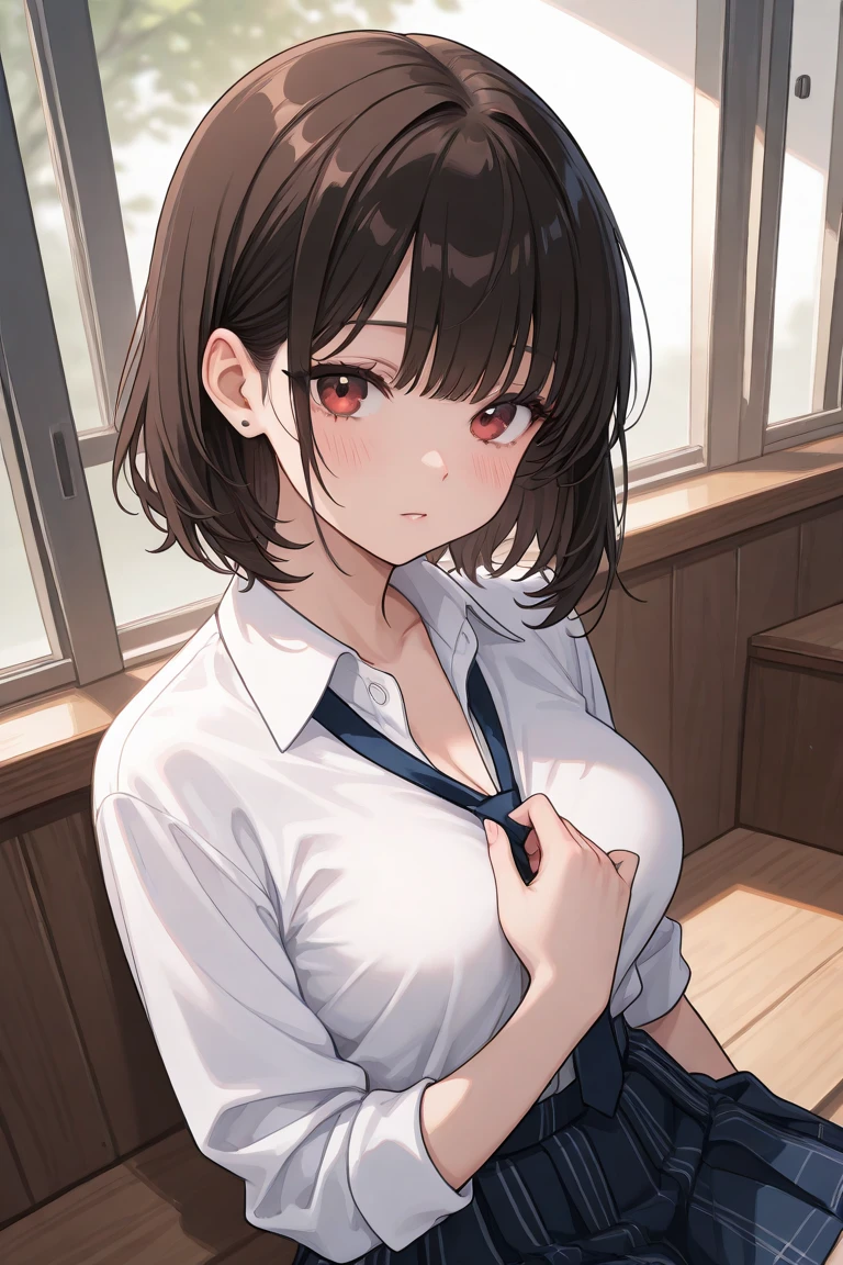 ((highest quality, 8k, masterpiece: 1.3)),((Amazing details: 1.2)),((shape: 1.1)), (Realistic, photoRealistic:1.4), Female Solo,high school girl、Shiny skin, thin, beautiful 髪, Beautiful Face, Highly detailed face, beautiful detailed 目, Beautiful clavicle, Beautiful body, Beautiful breasts, Beautiful thighs, Beautiful legs, Beautiful fingers, (High-quality fabric, red checked tie, A white shirt with a long sleeve and a collar, Grey plaid pleated skirt), Black socks, (Beautiful views), morning, (classroom) ,,ponytail、 Long eyelashes, Solid Circle Eye, Captivating smile、blush:1.4、tongue、Cleavage:1.3、necklace、(Close one eye、Wink)、((Sitting on the floor、Keep your knees together、Sit with your knees bent))、Mid-chest、Short tops、Low-rise skirt、Slender body、Toned Abs、flat sitting on floor, tongue出し、Belly button pairing、Swaying earrings、