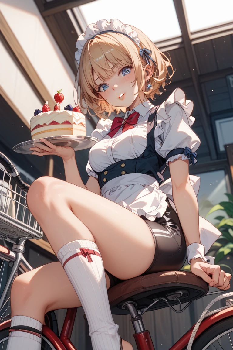 1 girl, small nose, very beautiful detailed face and eyes, bright colors, cute face, delicate beautiful face, Bright magenta eyes, cute eyes, sparkling eyes, Big eyes, (big breasts:1.3), (perky chest:1.1), (pointed chest:1.0), (cake magazine cover:1.3)，highest quality, WorKs of masters, High resolution,BlacK color hair，shiny hair, side ponytail,hair between eyes,bangs, (black jacket, real clothes, cleavage, black skirts, black thighhighs, thigh strap, fingerless gloves, single glove:1.2) , spread legs, panties shot, medium hips, glamorous body, white skin, smile, thin pubric hair, super beautiful face, Super beautiful eyes, Super beautiful hair，trendy outfit，sexy and attractive,full body esbian, Real World, Natural light,perfect Natural light,(with sparkling eyes and a contagious smile), This masterpiece is not only visually stunning but also tells, make of cake cooking , in the kitchen, open mouth, looking at viewer,
