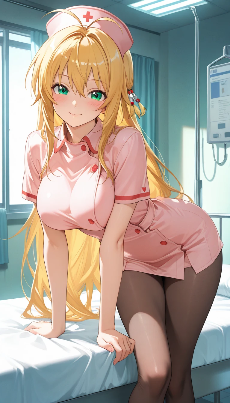 Kentaro Yabuki, love〜fart, ore_9, score_8_superior, score_7_superior BREAK ヤミ風髪留め
konjiki no yami, Red eyes, Blonde, Hair Intake, Long Hair,  View your viewers, I feel,PortraitLegsOpen,Nurse uniform,Panties fully visible as you peer down, clothes lift