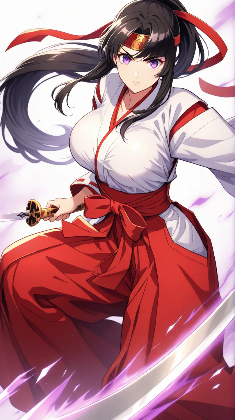 masterpiece, best quality, 1girl(chizuru kagura) solo, miko, miko non-traditional, full body, arms at the side, purple eyes, white thighs, medium breasts, looking at the viewer, ribbon, hair ribbon, wide sleeves, east asian architecture, 4k