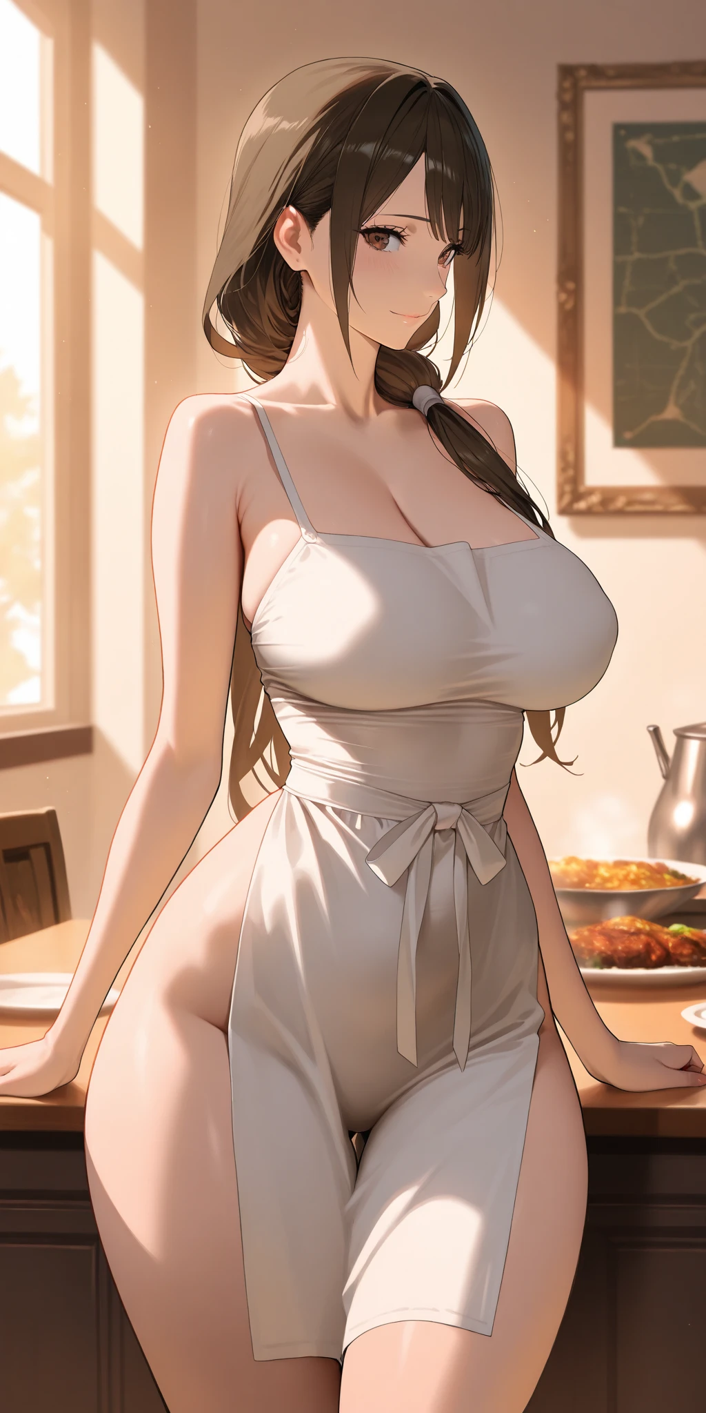 1girl, solo, black hair, butterfly hair ornament, (naked:1.3), (white apron), large breasts, cleavage, thighs, cafe background, (blushing:1.3),brown eyes, Carla Yeager , smiling, standing, arms up, realistic eyes, perfect shaped beautiful body