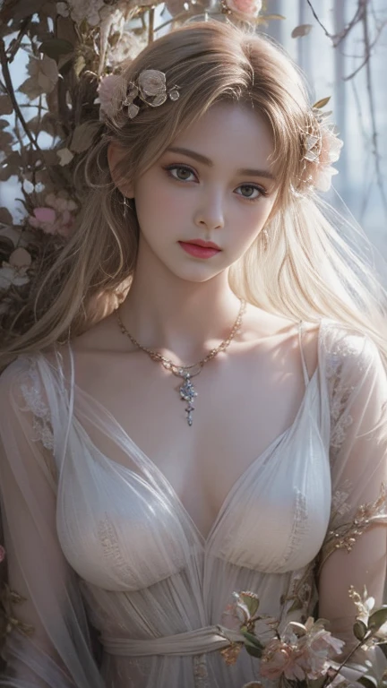 (8k, highest quality, masterpiece),{Realistic, RAW Photos, Super Fine Clear, Portraiture, (Oil painting, Delicate brushwork, small touch, Beauty Painting, Yasutomo Oka's paiting style:1.6)}, Realistic Light, Detailed skin, (Beautiful woman with slim body, Age 25, Fairy:1.5), Thin legs, fine grain, Long white wavy hair, Detailed fingers, thin, Sexual, Expressions of Ecstasy, (Dynamic and sexy pose, Alluring, Indulgent, Decadent, Sensual, Luscious:1.6), (super-huge Bouncy Firm Bust:1.8), (sexy see-through long dress,:1.2),(The dress has a wide opening at the chest;1.6), Exposing the breasts, (Paradise, Rose Garden:1.6), Wide and beautiful view,