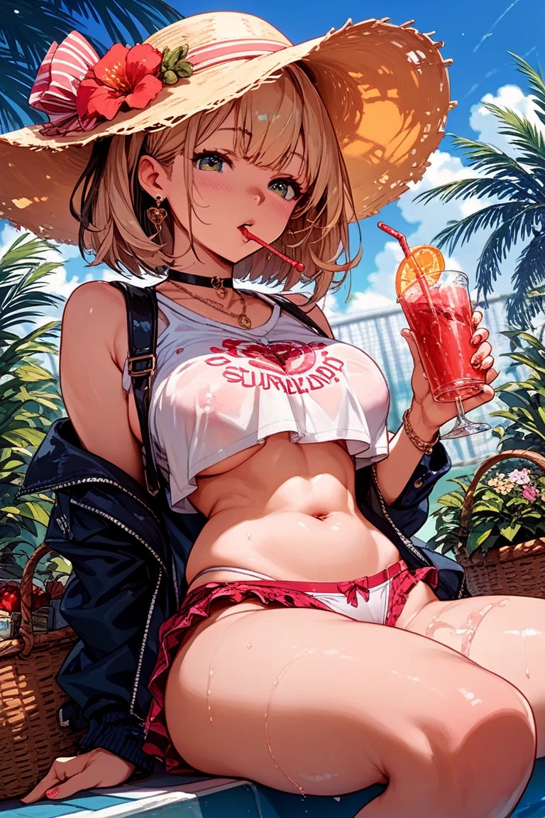 (Ultra-high resolution,masterpiece, Attention to detail, Highest quality), 8k,(eemarine, high ponytail, black headwear, sunglasses, heterochromia, earrings, necklace, bare shoulders, red bikini, bikini under clothes, black jacket, long sleeves, partially unzipped, short shorts, white shorts),(Blessed,Captivating body、Ultra-detailed skin、Super beautiful eyes、Detailed Background),One girl、huge breasts、(sun、vacations、tropical、White sand beach、I can see the ocean in the distance)、(Glowing Skin:1.2), (Face full of joy:1.3), (ビーチパラソルの下のラウンジャーに座りながらtropicalジュースを飲む:1.3)