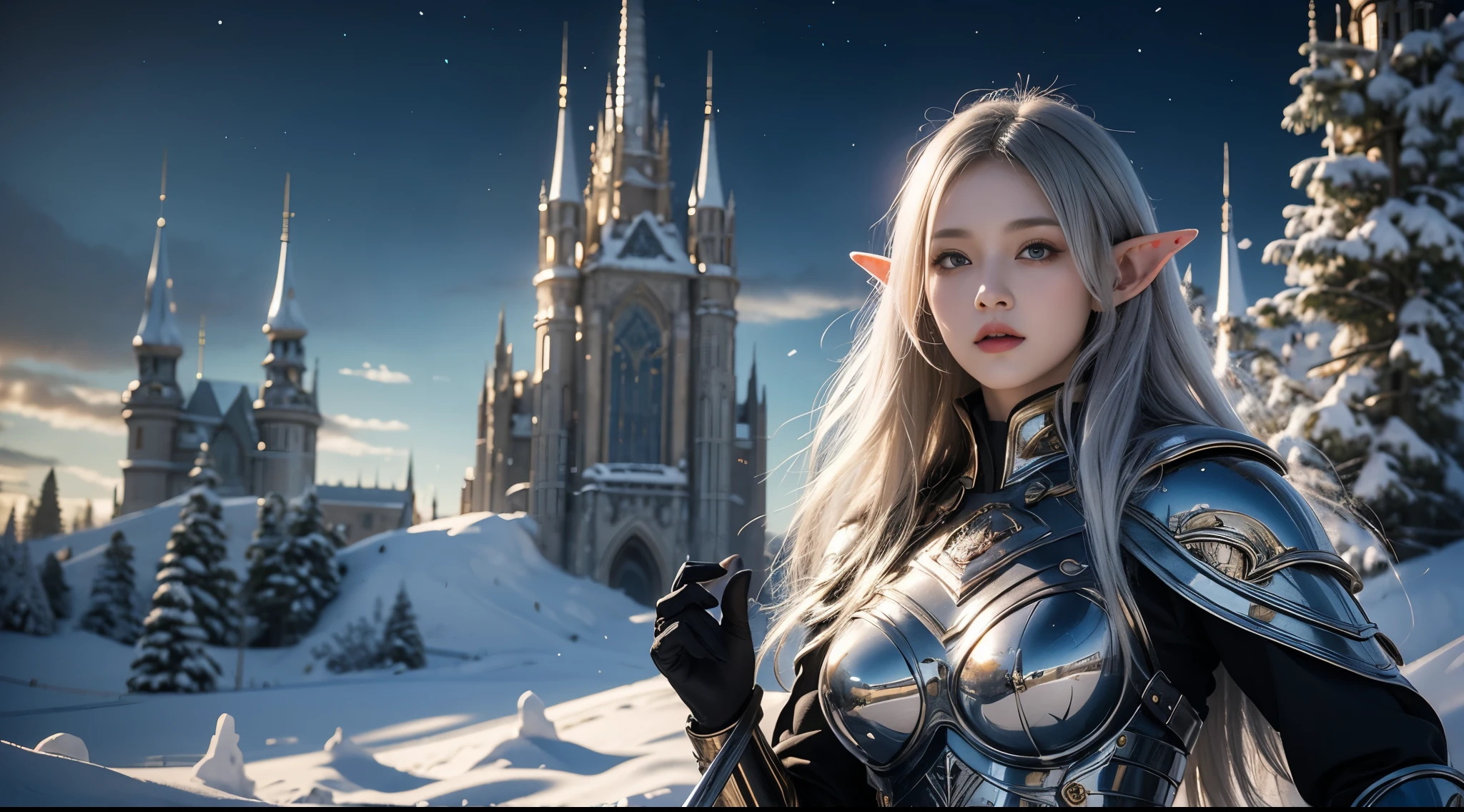 woman holding sword and armor, Armor Girl, ( fur shawl ),2. 5D cgi anime fantasy artwork, Big breasts,epic fantasy digital art style, detailed Digital 2D Fantasy Art, Digital 2D Fantasy Art, Original Photo, (best quality:1.3), high resolution, (Masterpiece), (realistic:1.4), professional photography, Clear Focus, high dynamic range, 8k resolution, Intricacy, Fine Details, Depth of field, Extremely Detailed CG Uniform 8k Wallpaper, Masterpiece,poster,best quality,Official Art,(beauty and aesthetics:1.2),(Masterpiece:1.3),Female Elf, personal ,Light leather armor, Complicated pattern ,snow, The background is a gothic castle, upper body photography ,(dusk),dramatic,( There are blood stains on the body)