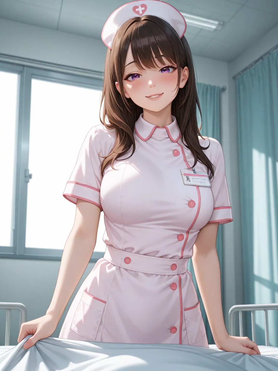 1 female, alone, nurse, nurse cap, Whiteware, ((white legwear, zettai ryouiki)), white gloves, long hair, purple hair, red eyes, pink lips, smile, Are standing, ((hospital room)), sharp outline, short sleeve, mature woman, 35 years old, highest quality, masterpiece