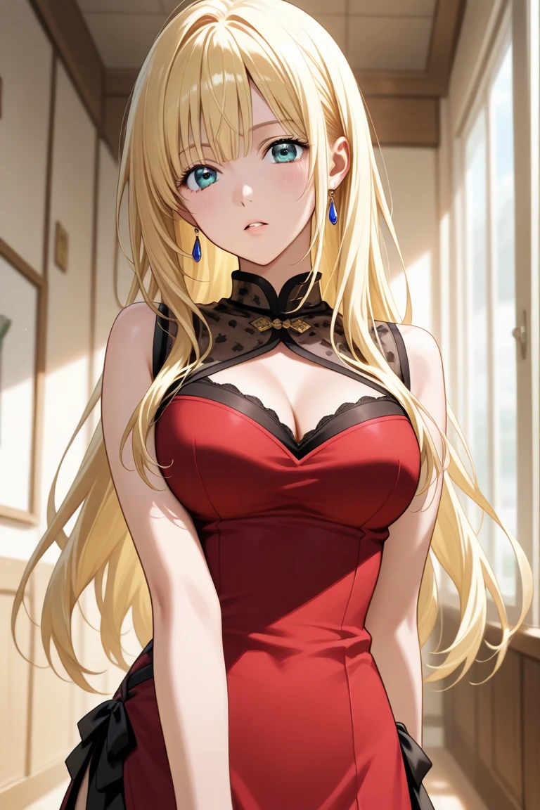 girl ,long blonde hair,blue eyes,sexy,big chest,red dress,red hair boy ,black suit dress,ABR