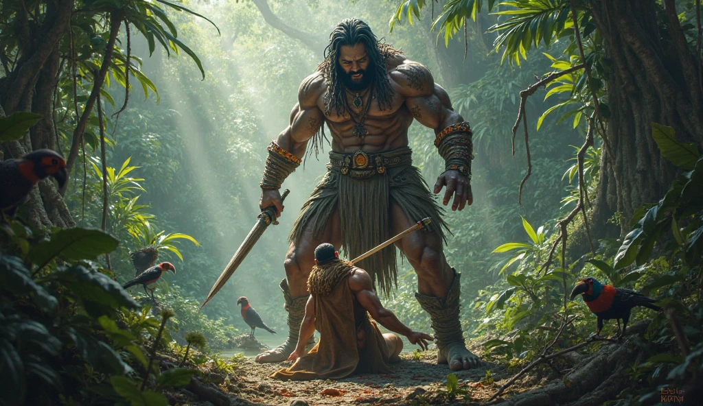 indigenous warrior, fighting against giant man inside the Amazon rainforest, epic paint, dark fantasy, art style like frank fazetta