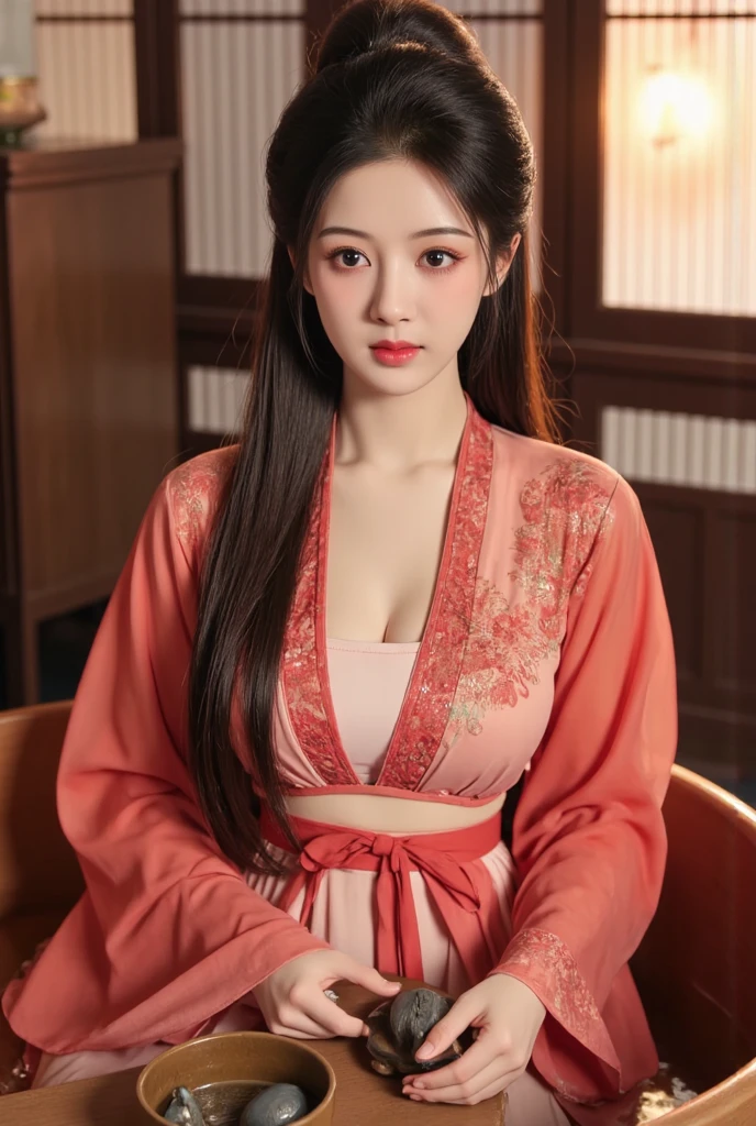 Thick fog outside the window(Side lighting),Natural Light,Beautiful and attractive woman 20 years old in luxurious robe feeling happy,Oriental element pink gauze cape(Clothing gradient color 1.2),Intricate clothing accessories。Border decoration、embroidery,Dark silk long skirt,(Clothing that fits tightly against the skin) ,Perfect face and body,Beautiful standard breasts, Toned thighs,medium to long shot ,New Chinese art background,Tea,antiquity,Sitting elegantly at the desk