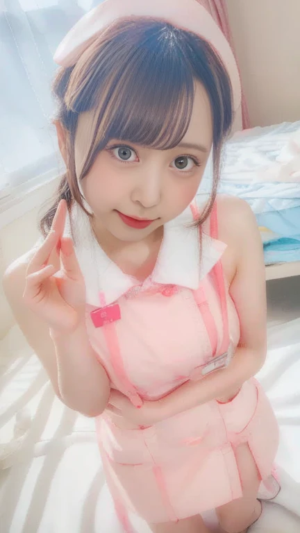 Japanese,6 years old,Baby Face、Ultra-flat chest、Ultra short height、An innocent smile、Flat Chestのクローズアップ、Flat Chest:1.85、cute,Primary school students,Pink Apron、Summer clothes、So small and so young、On the bed:1.85、She gives me good morning kisses:1.85、She spread her arms