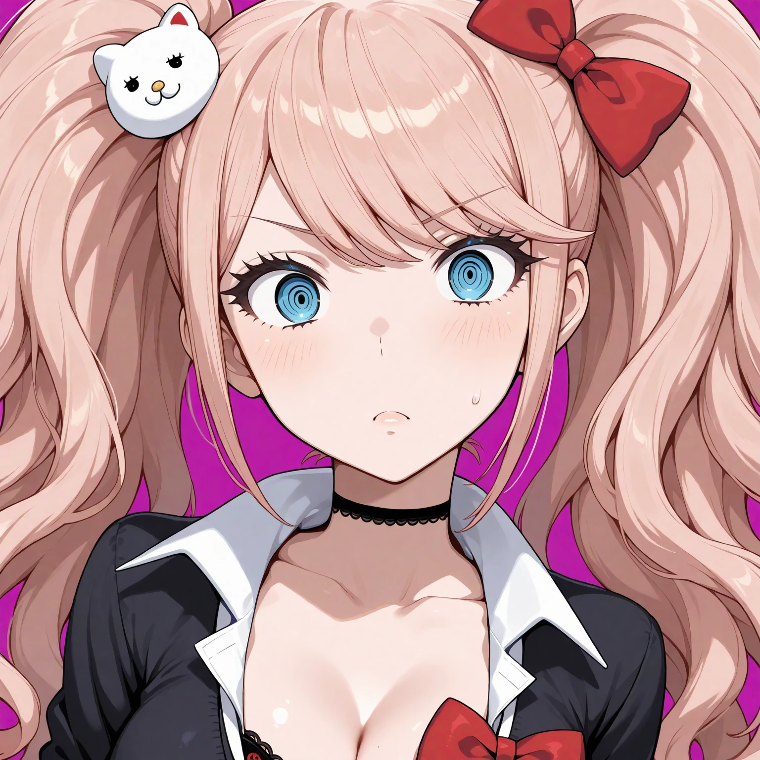 junkoenoshima,<lora:junkoenoshima-lora-nochekaiser:1>,junko enoshima,bear hair ornament,blue eyes,long hair,pink hair,twintails,evil smile,(grin:0.6),open mouth,bow,bra,choker,cleavage,fingernails,lace trim,lace-trimmed bra,long fingernails,loose necktie,nail polish,necktie,plaid,plaid skirt,pleated skirt,skirt,underwear,indoors,classroom,looking at viewer,(masterpiece:1.2),best quality,high resolution,unity 8k wallpaper,(illustration:0.8),(beautiful detailed eyes:1.6),extremely detailed face,perfect lighting,extremely detailed CG,(perfect hands, perfect anatomy),(covered nipples:0.7),black lace panties,solo focus,1girl,window,tree,groin,arms behind back,