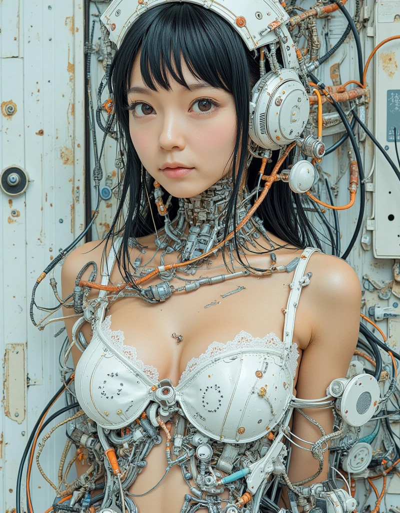 cyborg, android, robot, wiring, switch, control panel, girl, cute, sexy, strong, slender, bikini, high leg, skeleton, silver, platinum, gold, bronze, red, blue, green, colorless transparent, skeleton, open legs, brainwave, sound wave, waveform, playing modular synth
