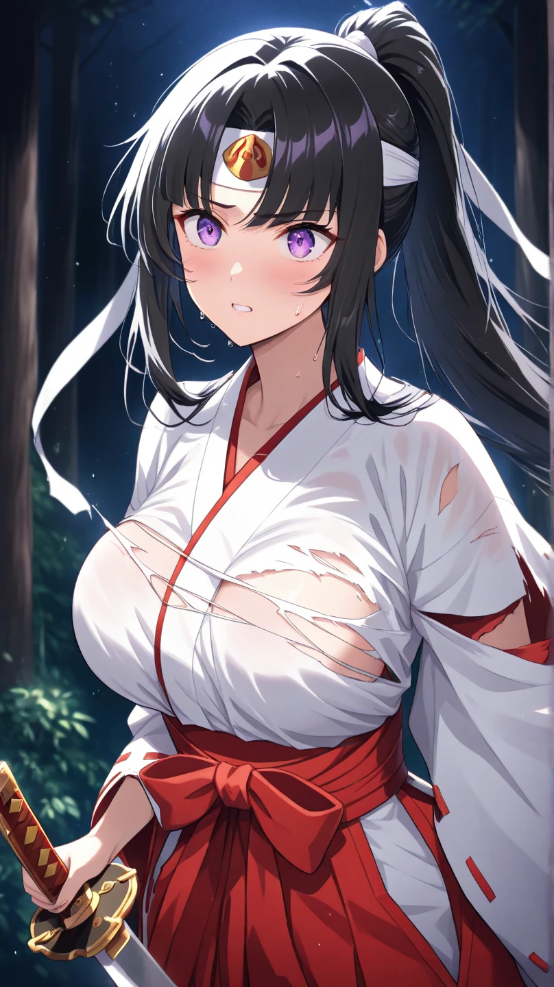 masterpiece,顶级Animation质量,Animation,流畅Animation,2021年数码Animation,solo,close up,A girl,extremely detailed neat hair,black long hair,Lipstick,Wearing a loose Japanese robe,ripped crobe,Forest background,night,Depth of Field,cinematic feeling,Holy feeling