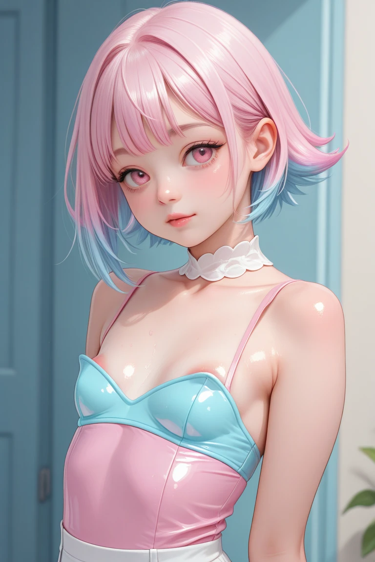 A realistic rendering of an Anne Anderson style illustration of a very close shot, ultra close shot on the breasts of a pert, nubile, thin, freckled teen girl with 50s style, blue hair, bows in hair, slight smile, topless, best quality, tiny breasts, bare breasts, small breasts, bare crotch, exposed crotch, open legs, legs spread open, pink nipples , puffy nipples , exposed nipples , wearing a clear, pink, plastic body armor, clear pink plastic armor, clear, pink, plastic body harness, clear, pink, plastic body cage, pink bondage straps, black, spiked choker necklace, black leather jacket, a silver chain wrapped around body, open, white blouse, white lace collar, pastel lace, pastel lace straps under nipples, pastel lace straps under breasts, open light blue, fuzzy sweater, undressing, schoolgirl
uniform, partially clothed, sitting in a bondage harness swing, in a darkened, pink, neon lit, 1950s teen girl's bedroom, glowing pink, neon lights, full of bondage straps,, ultra close shot on breasts, very, very close shot on breasts