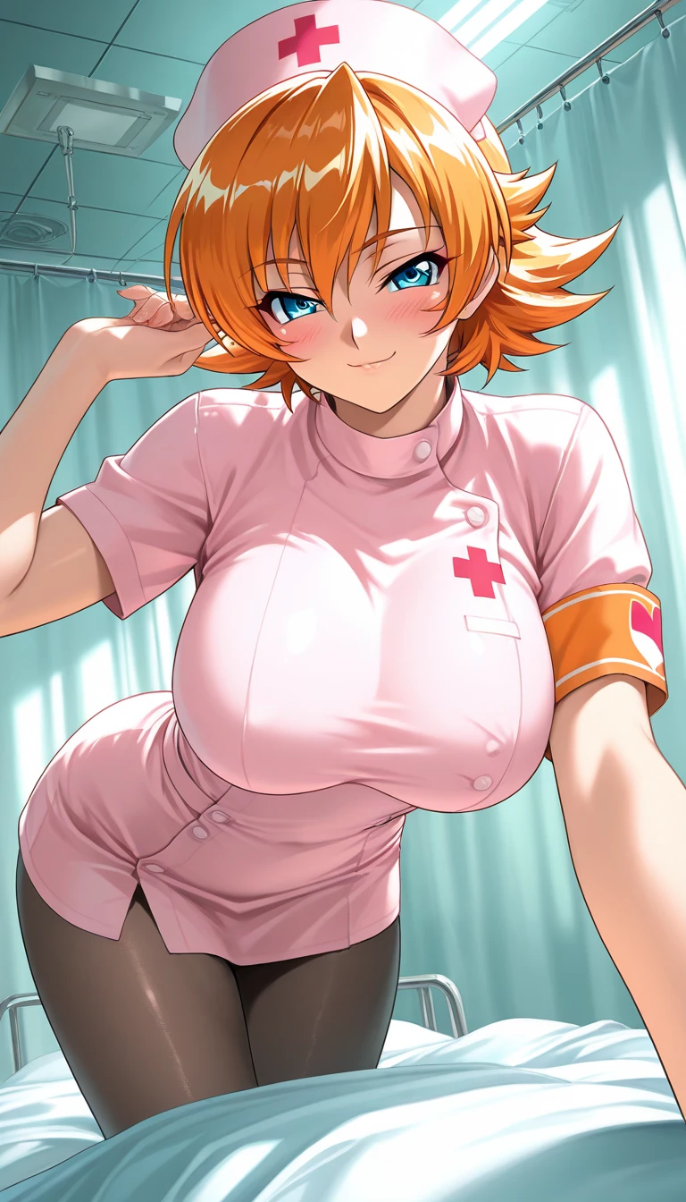 Masterpiece, sksrin, beautiful urban female model, in hospital room,pov, from above, facial details, detailed body part details, 8k wallpaper, looking at viewer, hospital, Hoshizora rin, short hair, nurse custom, thighs, golden ,glowing eyes, cowboy shot, sexy, cleavage, embarrassed pose