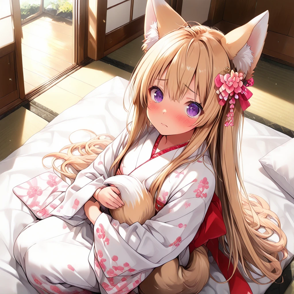 Highest quality, masterpiece, detailed, One person,small,cute,blush,smile,Chemise dress,Long Hair,Cat ear,(Fox tail),sitting on a futon, Cowgirl, From below, Cowboy Shot, ((Japanese-style room)), (darkness), Perfect Legs,barefoot