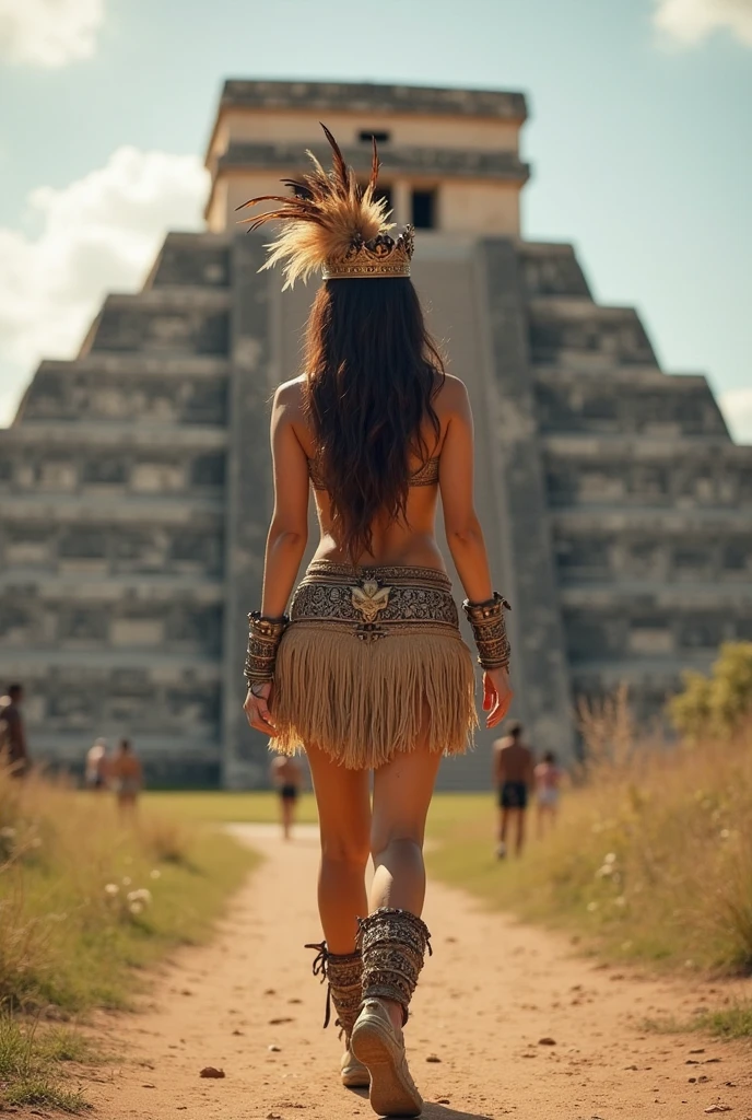 semi-nude full body shot of a beautiful High-Priestess of an ancient Amazon tribe standing at a mayan pyramid at sunrise