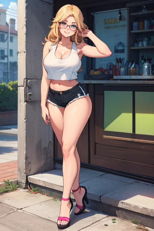 Roxanne Demin kin 1girl, solo, medium breasts, Body position: Standing, straight, symmetrical, barefoot, Lustful smile on face with red blush, fluffy ears, dog ears, blonde hair, bikini armor Venus body, burly woman, exaggerated large muscles, skinny pants, high-heels, standing on your feet, beautiful attractive face, full body like, single female, very fair skin, thin waist