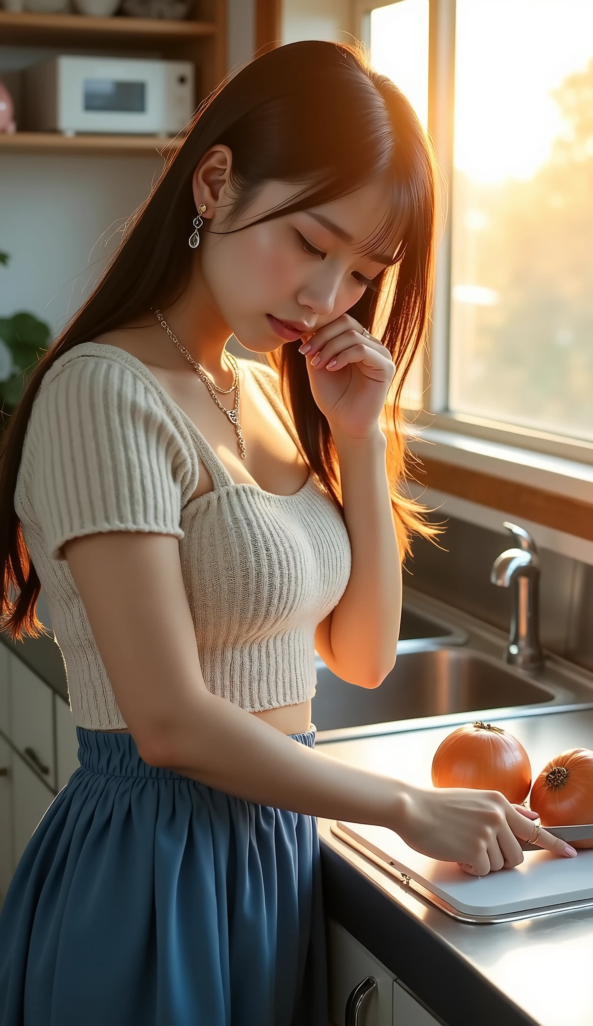 Japanese solo actress taking an artistic photo book。Photobook shoot。Take a picture of your whole body from the side。((cute Japanese woman who is petite and young and looks like an idol))。((a woman is cutting vegetables using a kitchen knife in her kitchen))。stainless steel kitchen。onions on a white cutting board。Wiping tears with her left hand。white apron with frills。Short sleeve knit sweater。blue long skirt。white high socks。Simple Necklaces。Simple Ring。small watch 。simple earrings。white skin。with beautiful dark hair。Straight Long Hair。dynamic pose。Beautiful huge breasts。hands and feet。Skincare。RAW PHOTO。16K。reality。professional photography techniques。Ultra High Definition。live-action。Midsummer Evening。The light of the sunset shines through the window。