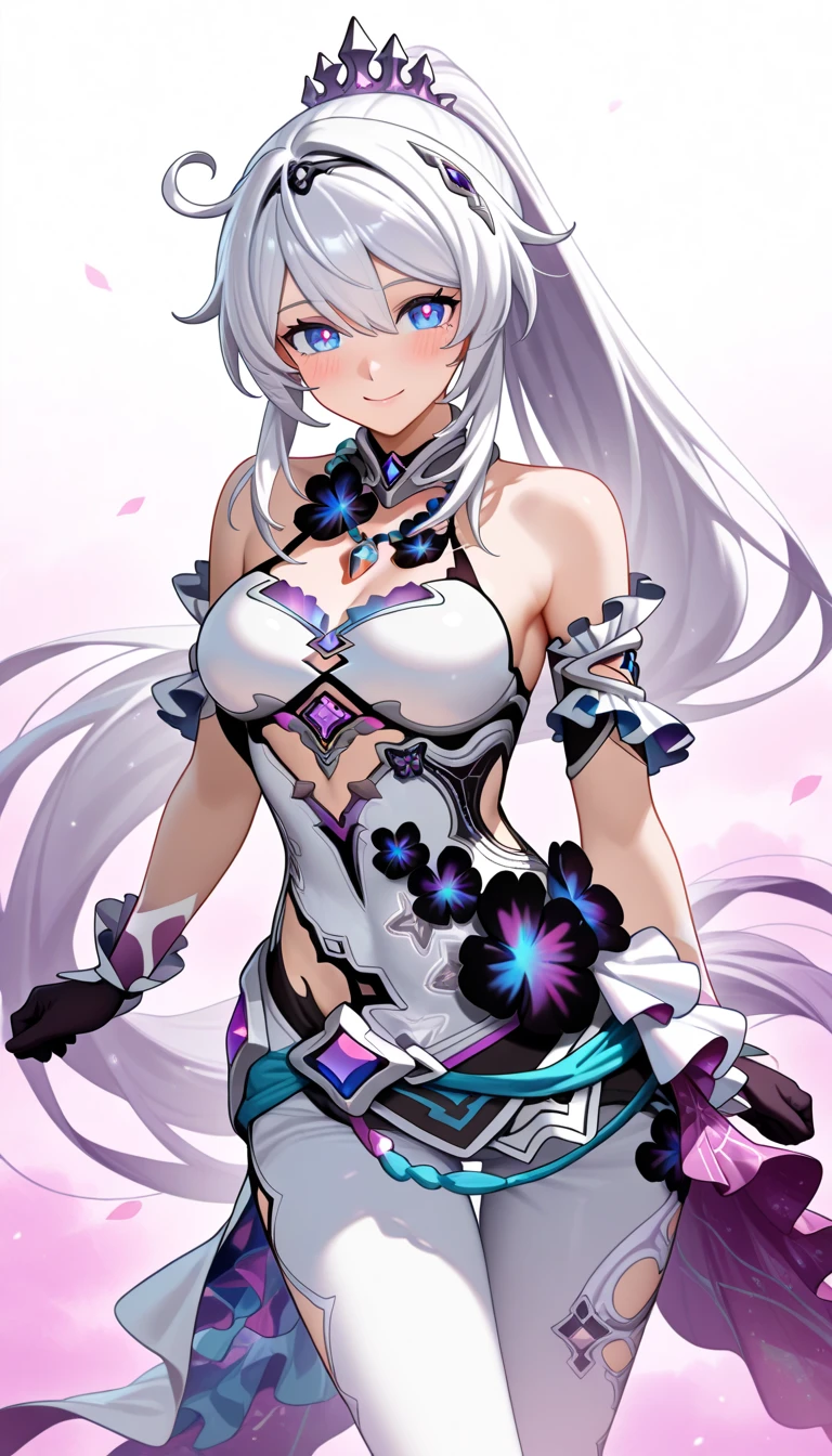 1girl, solo, firefly (honkai: star rail), looking at viewer, serious gaze, glowing eyes, solid eyes, sharp eyes, white pupils, bright pupils, slit pupils, purple scales, emotionless, glossy lips, parted lips, smile, crazy smile, evil smile, menacing smile, yandere, sadistic smile, blush, disgusted face, expressive face, perfectly round breasts, adult body, black pantyhose, Shiny skin, corruption, villain, corruption girl, demon girl, succubus girl, dark magical girl, vampire girl, horror (theme), body horror, yandere, crazy, pure evil, dark persona, cosmic horror, full armor, corruption armor, dress armor, demon horns, dragon horns, succubus horns, demon tail, dragon tail, succubus's tail, demon wings, dragon wings, succubus wings, yellow pupils, bright pupils, slit pupils, purple scales, blush, disgusted face, expressive face, abyssal, phantom limb, ghost arm, dark room, crumbling room, abandoned building scenery, night lighting, night time, perfect face, perfect hands, perfect fingers, non human fingers, perfect design, perfect detailed eyes, beautiful detailed eyes, top quality, best quality, masterpiece, detailed outfit, super detailed, ultra detailed, highly detailed, cinematic lighting, perfect anatomy, CG:1.9, ultra detailed:1.9, ultra-detailed:1.9, high resolution:1.9, high res:1.9, absurdres:1.9, masterpiece:2, high quality:2, best quality:2, pottsness style, firefly pilot suit, silver hair, solo, long hair, bodysuit, medium breasts, hairband, white bodysuit, bangs, plug suit, black hairband