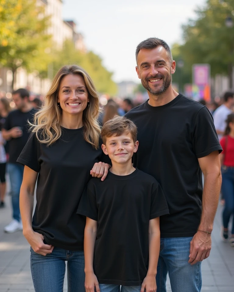 Generate image of a nigerian husband and wife with their two years and two months old son, the wife of 33 years of age and the husband, 36. All wearing a black t.shirt with black Jean trousers with a pair sneaker, written on the back of their shirts, "AMANDA" for the wife, "SMITH" for the husband and "YOEL" for the son. All facing backward with people surrounding tbem in awe.
