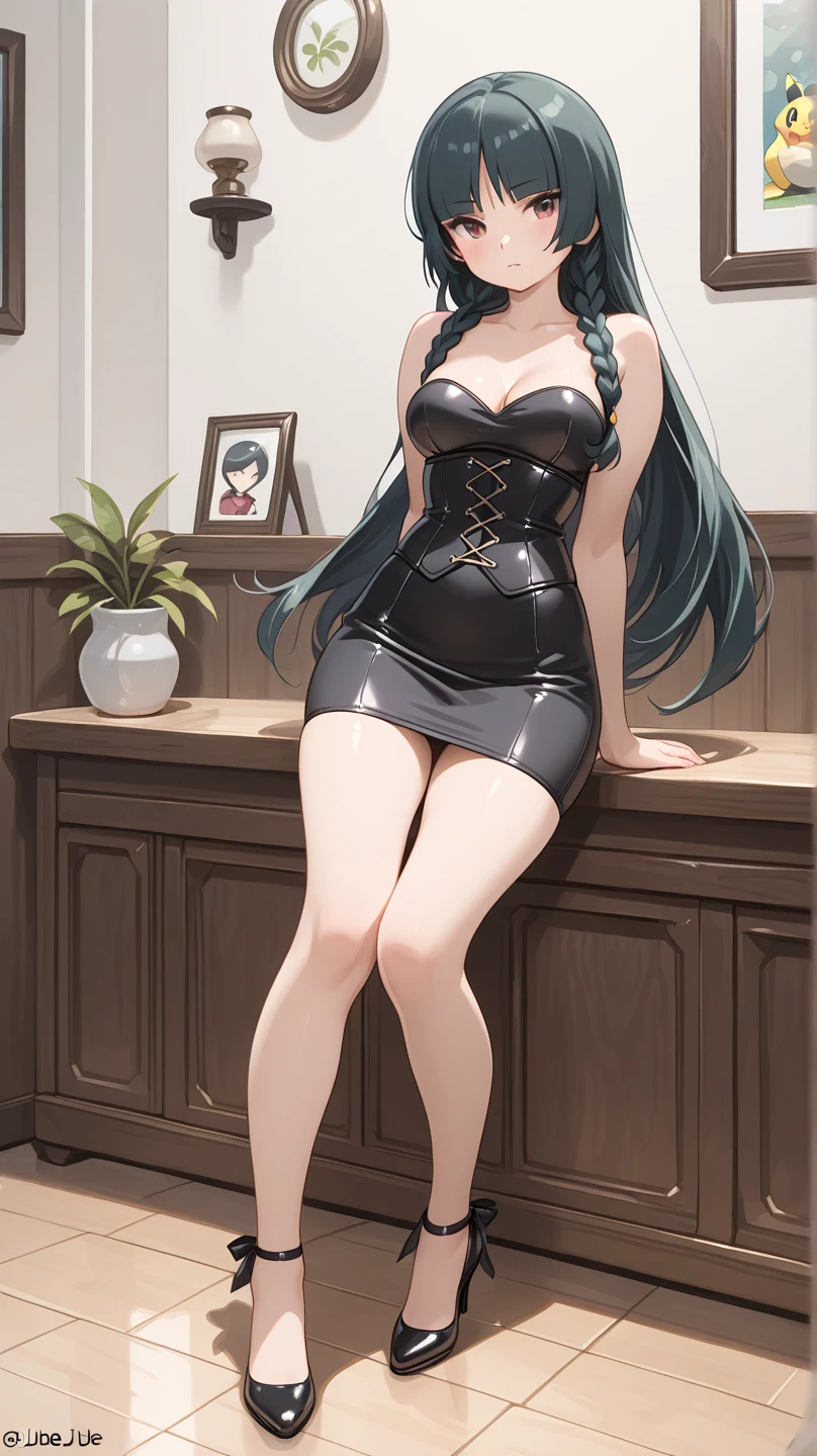 realistic image, detailed image, coherent image, 1 beautiful elf, she has very long hair, black hair, turquoise eyes, smiling, She is wearing a dongtan dress, showing her legs, She has a curvy body, medium breasts and thighs thick, She is sitting, posing sensually, arms hidden behind her back, chest sprouting, back arching, full body view, view from above, Soft focus, Dramatic shadows, Volumetric lighting, natural lighting, artificial lighting, White background,