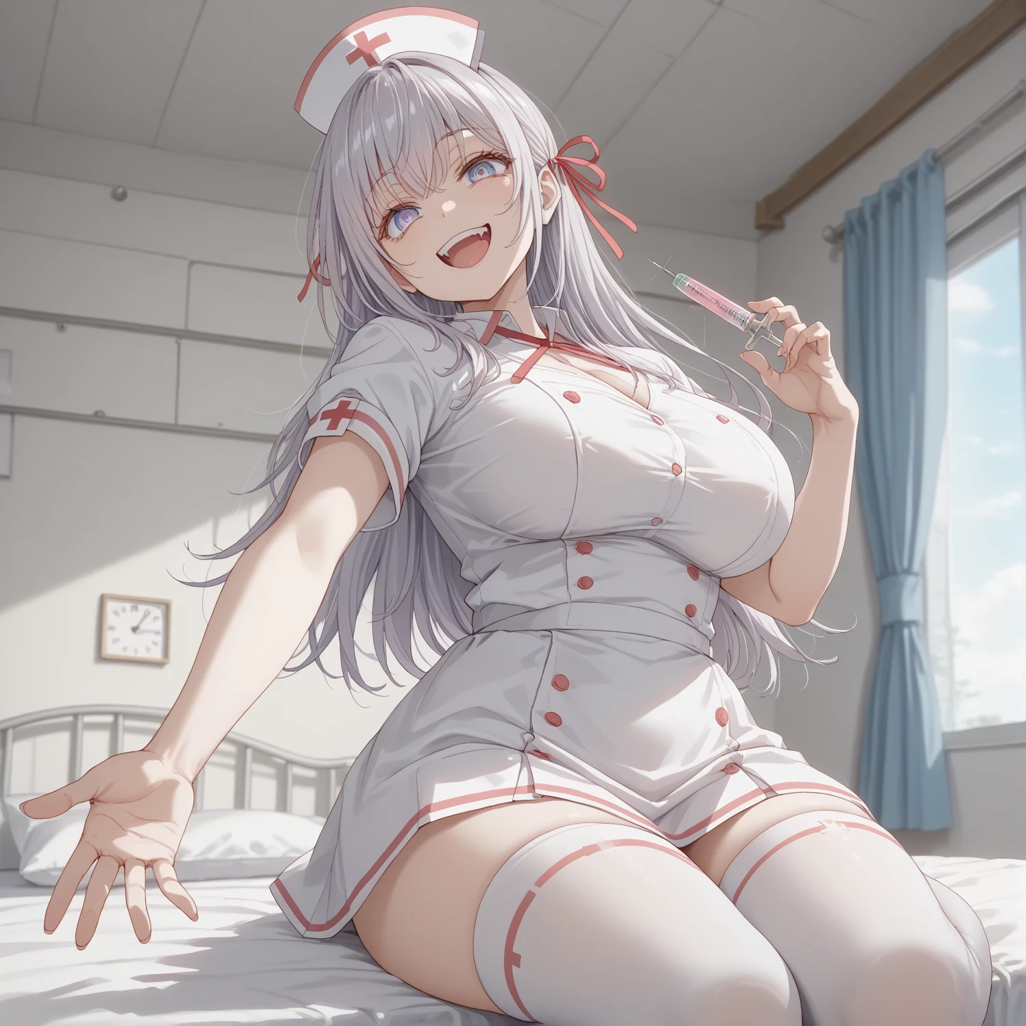 masterpiece, highest quality, 1 girl, long silver hair, Upper body, pink eyes,turn your arms behind your back, (((nurse))),room, Medical equipment, calm expression, huge breastsbig and full breasts、nipples are visible,, cute face of orgasm, blush,Wet nipples are visible、huge breasts、big and full breasts、There is a bulge in the chest、Shyness、Trance、length、広める your legs apart、angle from below、Full body Esbian、Shyness、Ecstatic vaginal insertion、 Mechanical、nipple transparent , solo boy、仰向けに寝そべる女の子を斜め cute face of orgasm, blush,moan, open your mouth, stick out tongue, closed my eyes, curve, 2 feet, perfection , Wet , thighs, big ass, , It is concentrated, belly button, Same with huge , nipples are visible, , belly button天国, 、nipple transparent , ride a horse ,((( Insertion of foreign objects into the vagina)))、will be inserted into 、(((spread legs))),(dripping ),((cum dripping in )), ((My face is full of semen)), (cum on chest), (( ball)) ,((cum dripping in )),((My face is full of semen)), open your mouth, ((ejaculate all over the body)),,(((table top))), (Majestic panoramic view:1.2),dynamic angle, dutch angle,angle from below、dynamic angle