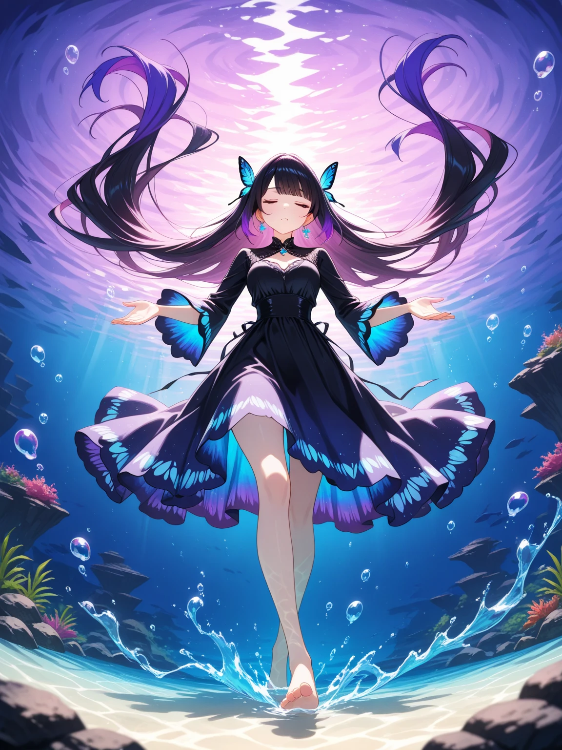 cute anime girl, 1girl, black hair, twintails, demon horns, leotard with skirt type swimsuit, flat chest,happy mood,with black jellyfish,Captain of the Black Jellyfish Army, laugh,