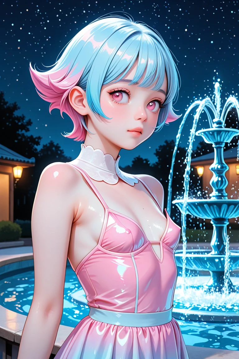Logotipo de juego del canal Yt, Retrato de anime de un personaje original de cuerpo completo, Full-body magical heroine, volumetric illumination, Las mejores sombras, Atractivo rostro hermoso con ojos personalizados, Cara pintada perfecta, cejas finas, sonriendo ampliamente, Pechos preciosos, pink lipstick, pelo corto, Pixie Neon pink short hair, bushy eyelashes, Ropa kawaii con estilo, My dear, Cintura delgada, With Buckle Belt, mochila infantil, Cultura Kawaii, Magical atmosphere for children (sthe highest qualit, Detalles sorprendentes: Pinturas coloridas brillantes