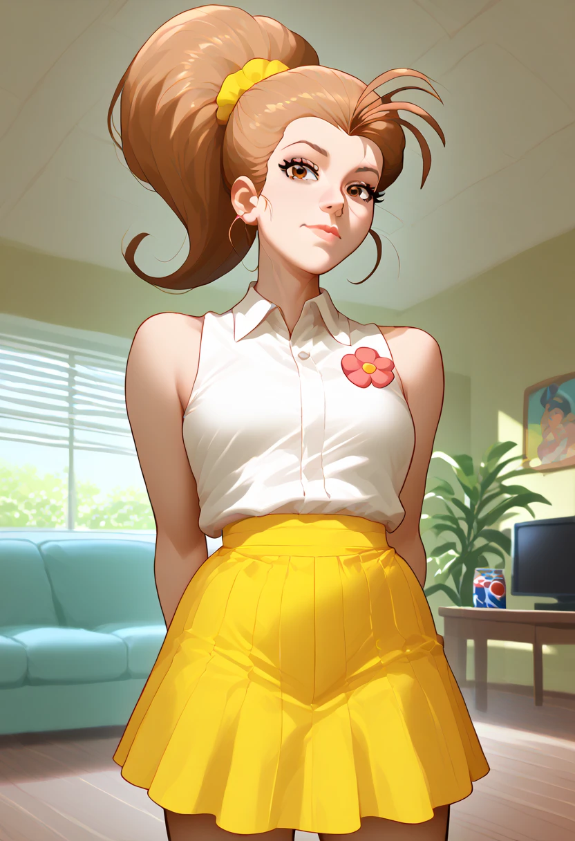 hand on own hip, peace sign, tilt your head, cowboy shot, breasts big, open yellow shirt, coxas nuas, , 1 girl, alone, , salient smile, gazing at viewer, hands crossed, sculptural body, ((panties)), whole body, poses photos, best qualityer, no flaws