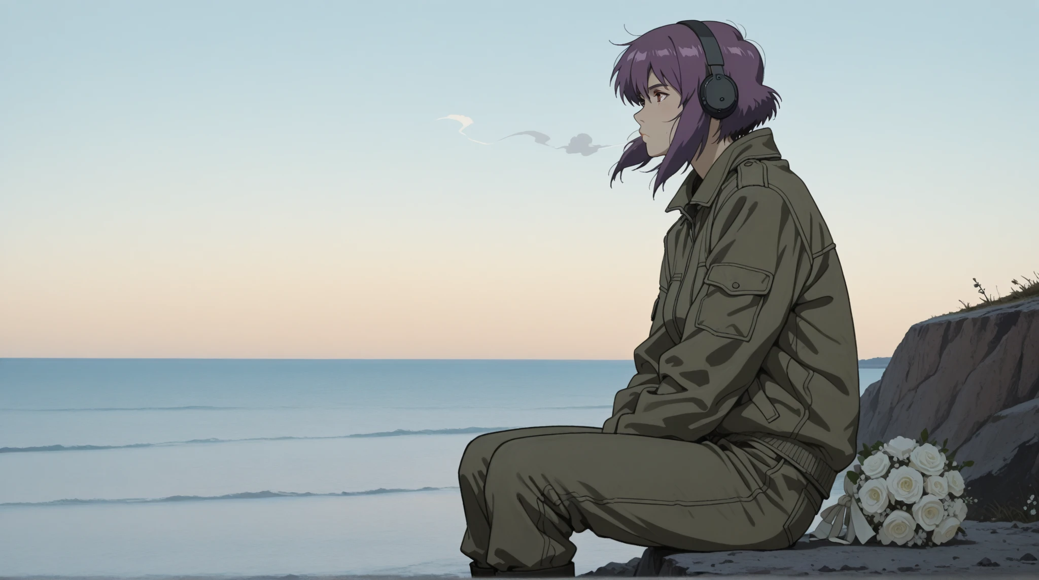 anime style, a female character inspired by Motoko Kusanagi from Ghost in the Shell, sitting quietly on a seaside cliff, viewed from a low angle, full-body shot from the side, distant gaze toward the ocean, not holding anything, hands resting naturally, in front of her on the ground lies a white bouquet of flowers with a pair of black headphones gently placed on top of the bouquet, both clearly visible in the composition, short purple hair blowing softly in the wind, slightly wrinkled military-style jacket, peaceful and reflective atmosphere, soft afternoon lighting, clear sky, emotional cinematic mood, high detail, tranquil seaside setting, 