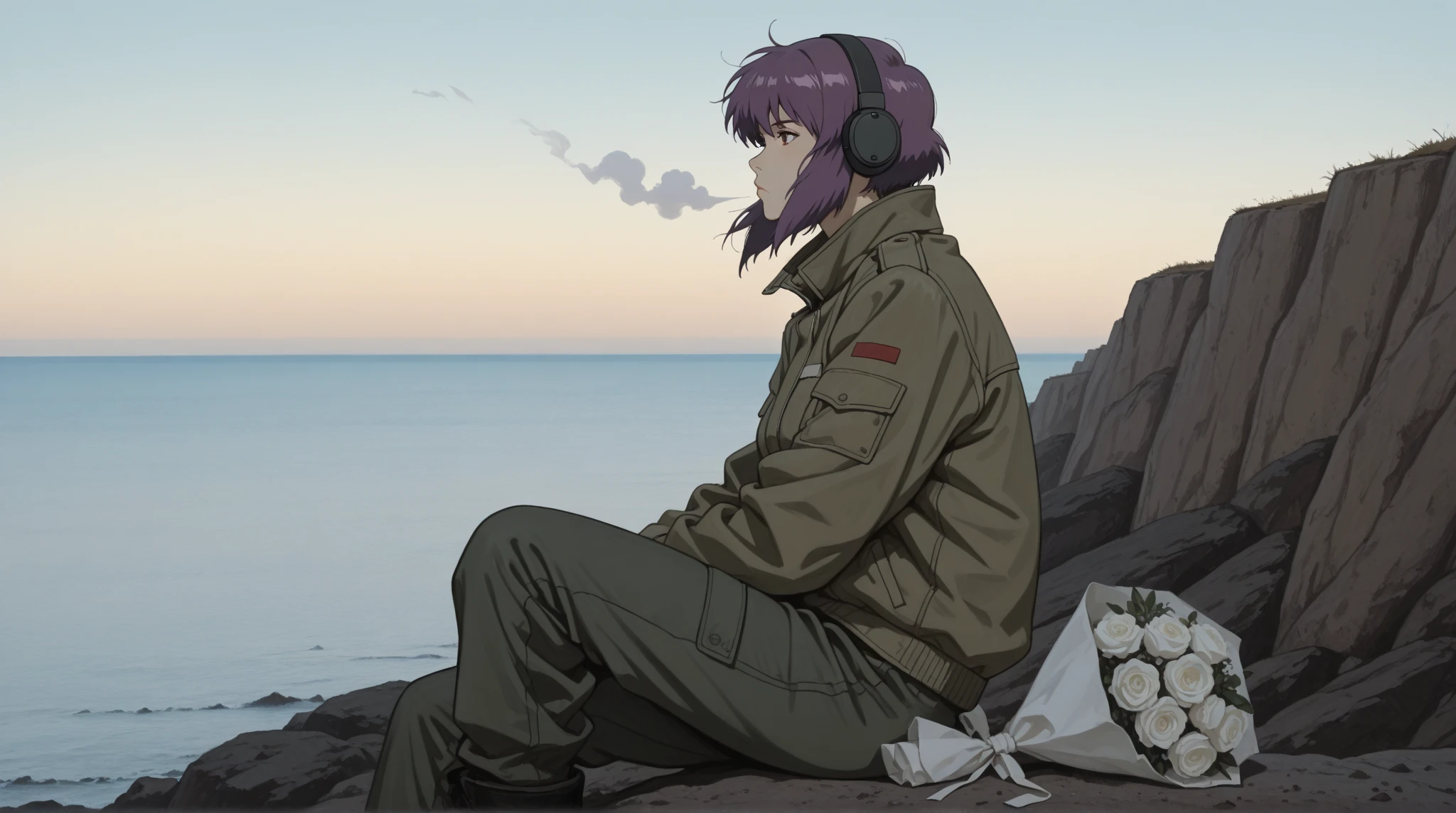 anime style, a female character inspired by Motoko Kusanagi from Ghost in the Shell, sitting quietly on a seaside cliff, viewed from a low angle, full-body shot from the side, distant gaze toward the ocean, not holding anything, hands resting naturally, in front of her on the ground lies a white bouquet of flowers with a pair of black headphones gently placed on top of the bouquet, both clearly visible in the composition, short purple hair blowing softly in the wind, slightly wrinkled military-style jacket, peaceful and reflective atmosphere, soft afternoon lighting, clear sky, emotional cinematic mood, high detail, tranquil seaside setting, 