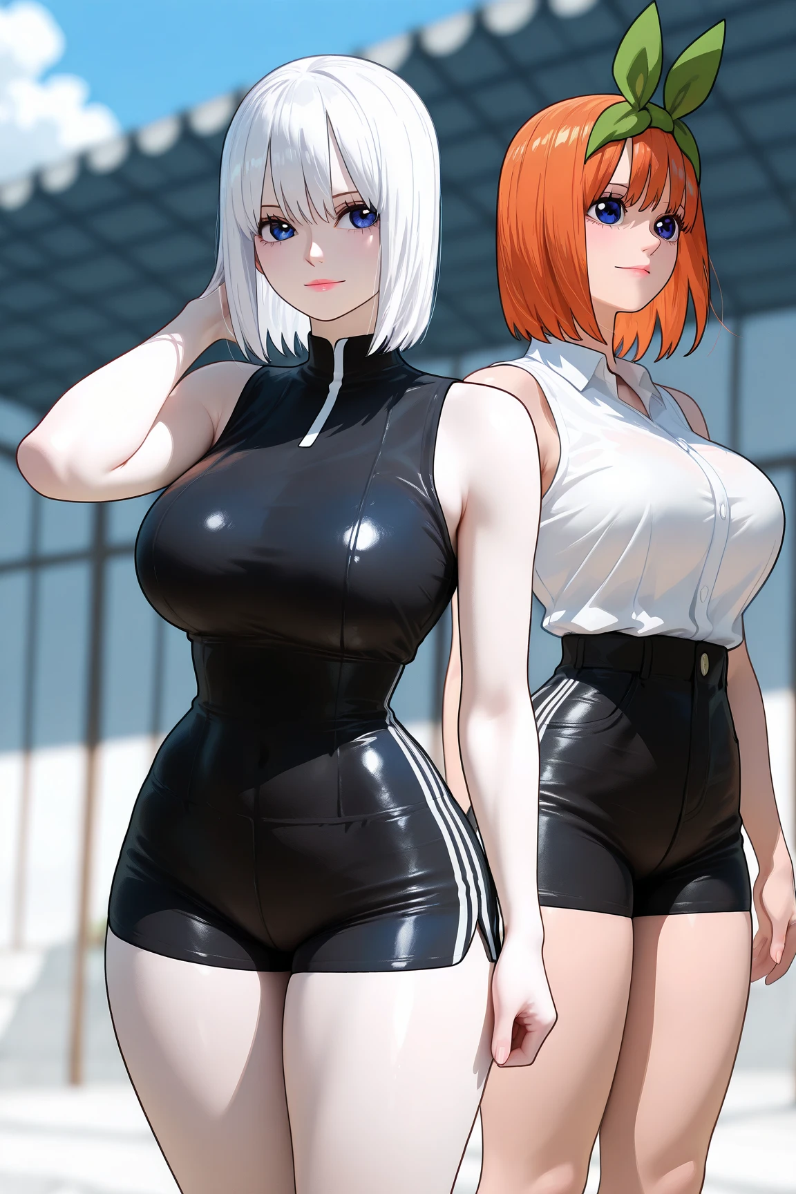 ((Best Quality)), ((masutepiece)), ((Realistic)), With the slime of a beautiful woman standing in an idyllic Japan garden、Autumn leaves at eye level, Scenic, masutepiece, (hight resolution), Original, extremely detailed 8K , (Photorealistic:1.4),face perfect, Perfect eyes,symmetrica body shape,Smile, 、1adult lady,(huge bust),((Super giant robot)),Shiny smile,Tank Tops,Black leather pants,full body Esbian,Beautiful city at dawn,Ahoge,braid ponytail,posterior view