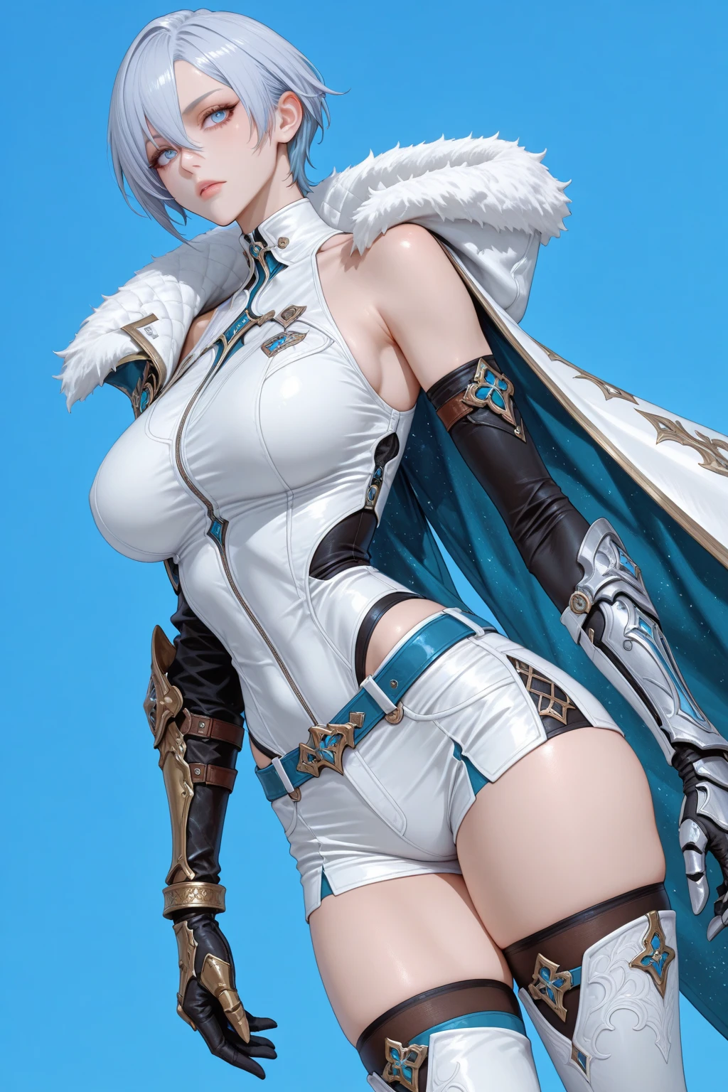 Young girl, completely naked, dragon Armor, shoulder plates, neck plate,white fur coat, cape, leg Armor, hand armour, small breasts, dragon tattoo, white hairs, belt, ((full body)), narrow hip, horns, blue eyes, wings, standing, (((crotch, pubic hair))), (head to feet)