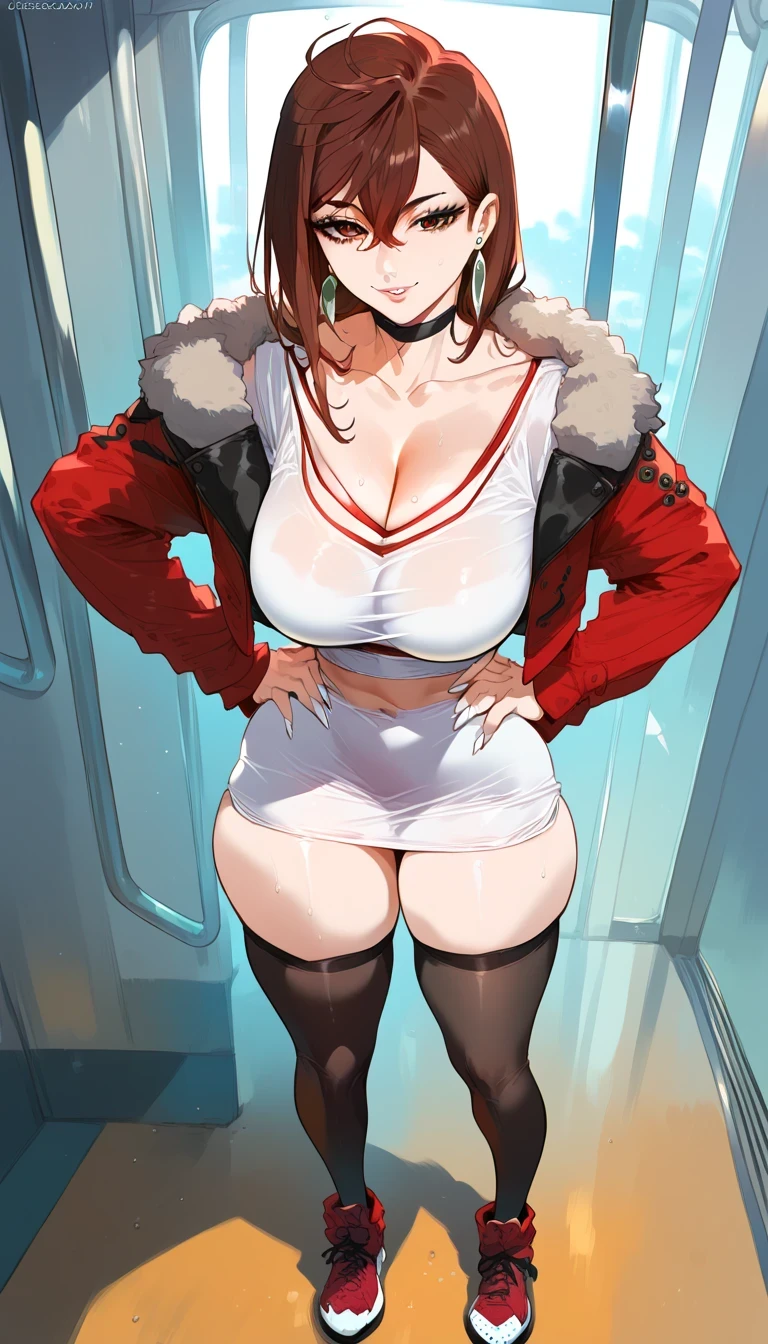 mixed_artwork style, Hanging , big , cleavage, sweaty, sexy, thicc, 1 girl, eyes, hair, long hair, skin, ears, long sleeves, sleeves past wrists, crop top, gyaru, lips, white nails, long nails, indoor, sitting, yoru_\(chainsaw_man\),score_9, score_8_up, score_7_up, score_6_up, anime source, anime style, 453, 1girl, brown hair, earrings, brown eyes, hair between eyes, short hair, dr355, red jacket, fur trim, black choker, white dress, black thighhighs, sneakers, red footwear, medium breasts, seductive smile, parted lips, eyelashes, standing, hands on hips, train interior background,